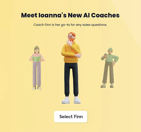 Illustration of three animated characters with text introducing Ioanna's new AI coaches, highlighting Coach Finn in a yellow hoodie.