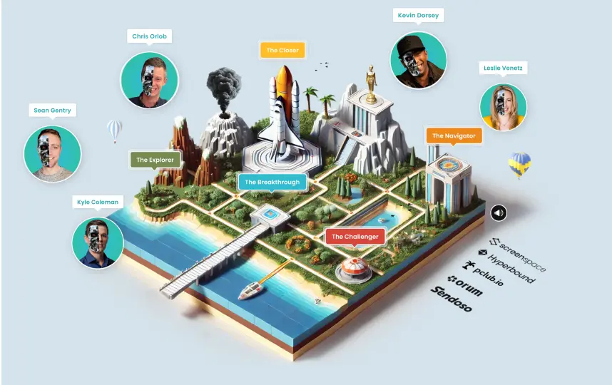 Colorful 3D game map with labeled areas The Explorer, The Breakthrough, The Closer, The Challenger, and The Navigator, featuring a rocket, volcano, buildings, water, and five people with half robot faces labeled with names.
